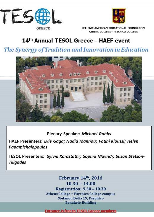 14th Annual TESOL Greece-HAEF event ""The Synergy of Tradition and Innovation in Education ""