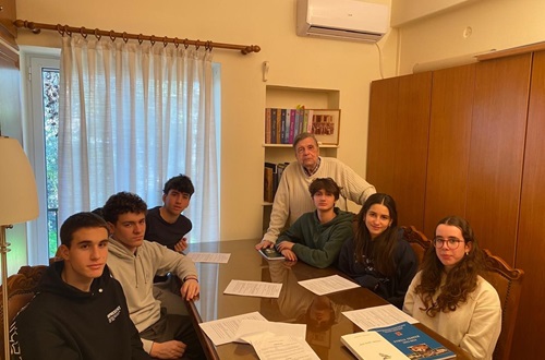 Athens College High School students interview Mr. Dimitris Karamanos '59 for "Athenian" Magazine
