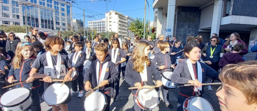 The Athens College Elementary School Drumsticks Percussion Band at the 41st Athens Marathon, the Authentic