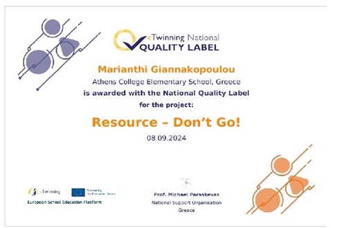 E-twinning National Quality Label for Athens College Elementary School
