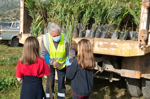 Psychico College Elementary School students participate in a volunteer tree planting initiative on Hymettus